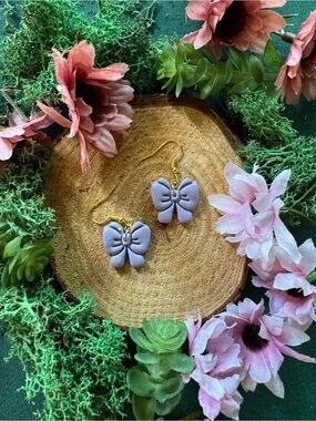 Handmade Polymer Clay Gold Colored Purple Bow Earrings